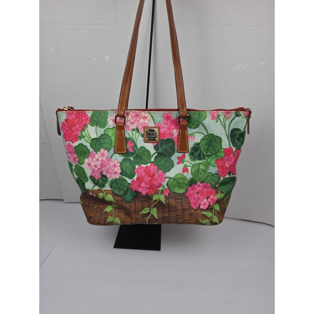 Dooney Bourke Floral Basket Cottage Garden Flowers Large Tote Bag Pink Green